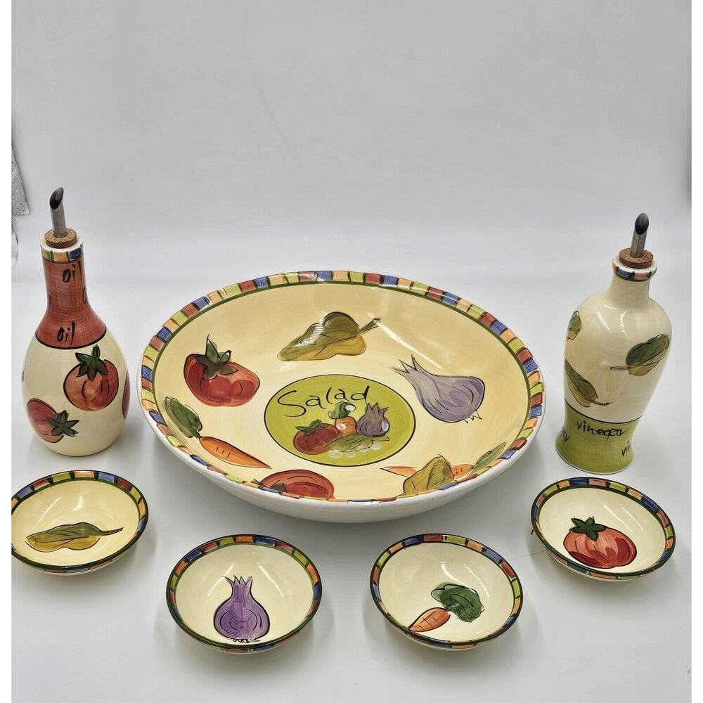 Salad For 4 Ceramic Large Salad Bowl Vinegar & Oil Decanters 4 Mini Dip Bowls